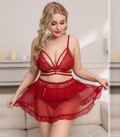 Lace Bralette & Sheer Ruffle Skirt Lingerie Set with Bowknot