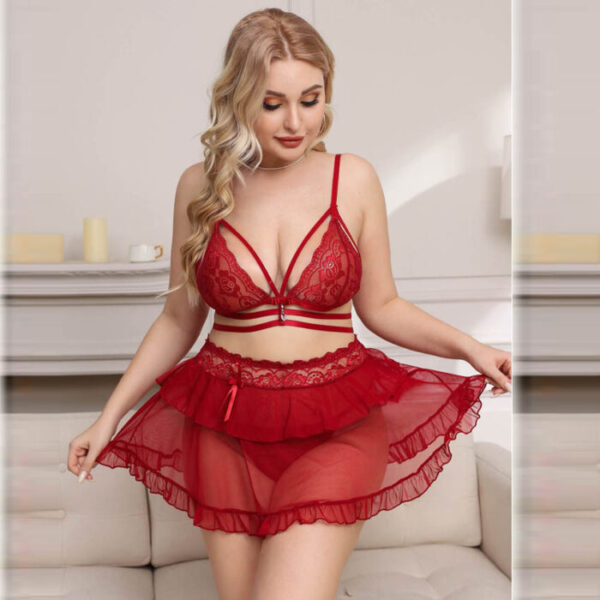 Lace Bralette & Sheer Ruffle Skirt Lingerie Set with Bowknot