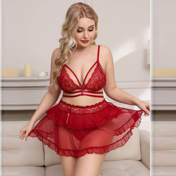 Lace Bralette & Sheer Ruffle Skirt Lingerie Set with Bowknot